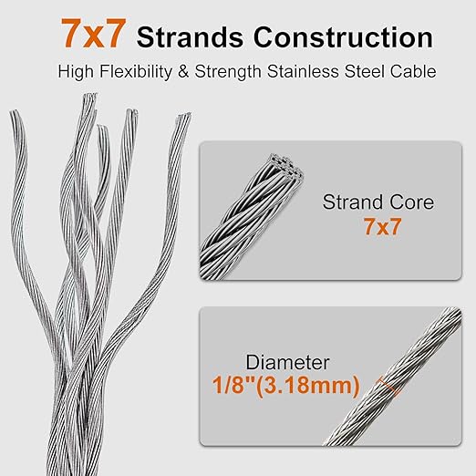 1/8" Wire Cable, 200ft Wire Rope Metal Cable with Loop Sleeve, Steel Thimble Cutter, 7x7 Marine Stainless Steel Strand Core Perfect for Deck Railing System, Outdoor Hanging kit, Garden Fence