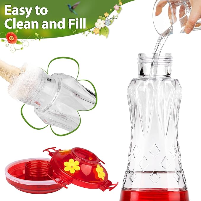 BOLITE Glass Hummingbird Feeders for Outdoors Hanging, Built-in Ant Moat, 4 Bee Guard Feeding Ports with Perches, Leak Proof, 15 Ounces, Stars Decor, Red, Gifts for Women Men, Gifts for Mom Dad