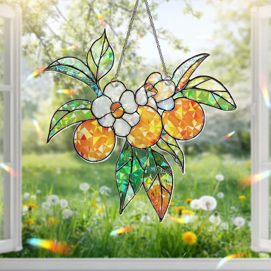 Personalized Orange Blossom Suncatcher – Stained Glass Citrus Window Hanging, Sun Catchers Indoor Window Decor for Kitchen or Garden Gift, Plant Gifts for Women, Grandma, Mother's Day, Christmas