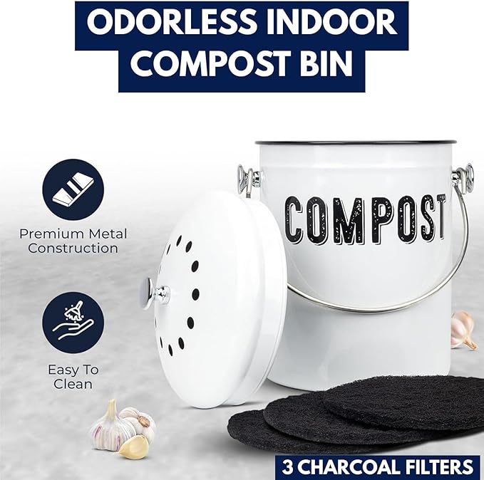 Granrosi Countertop Compost Bin Kitchen - 1.3 Gal Indoor Compost Bucket with Lid for Kitchen; Farmhouse Rust Proof & Odorless Composter Bin for Countertop; 3 Charcoal Filters