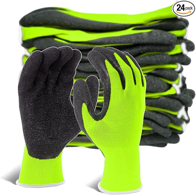 Evridwear Crinkle Latex Rubber Hand Coated Safety Work Gloves for Men Women General Multi Use Construction Warehouse Gardening Assembly Landscaping (Medium,Green- 12Pair)
