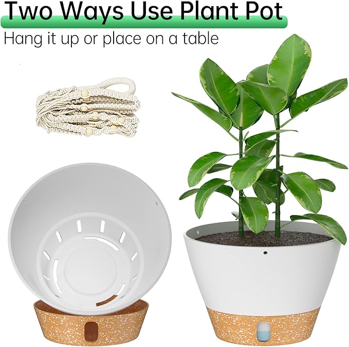 ZMTECH 2 Pack 10 Inch White Hanging Planters with Macrame Plant Hanger for Indoor and Outdoor Plants, Self Watering, Drainage Hole, Visible Level Tray