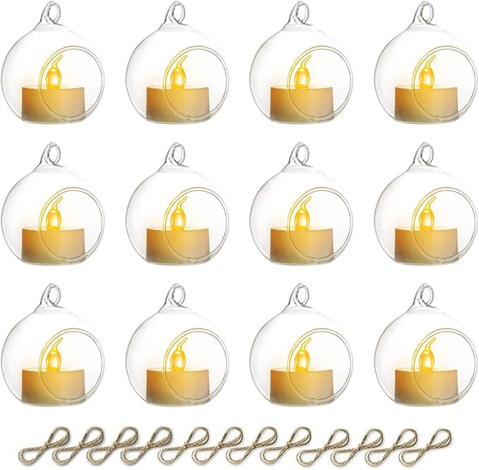 NUPTIO Hanging Glass Globe with Candles: Set of 12 Tealight Candle Holders with LED Tea Lights - 2.36 inch Bulk Clear Votive Candleholders for Party Wedding Birthday Shower Celebration Tree Decoration