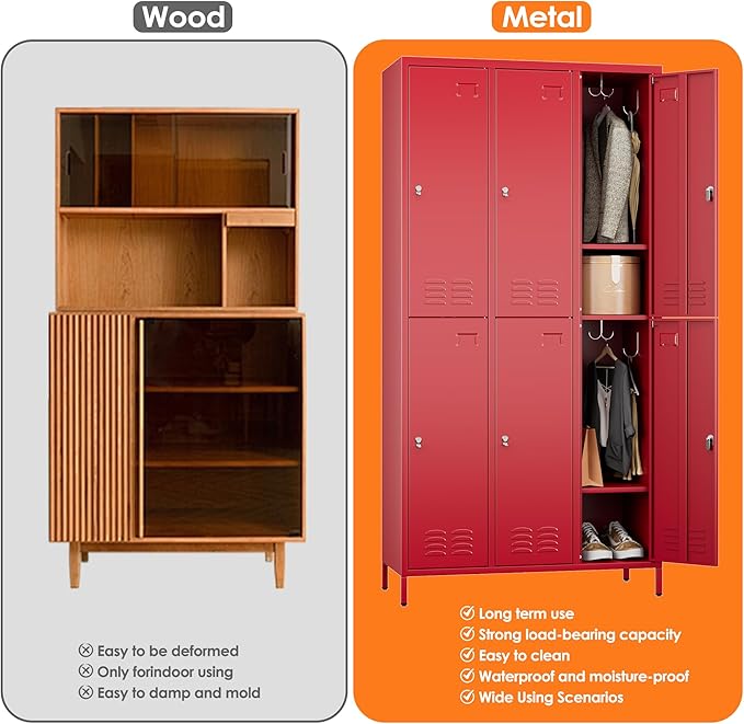 METAN Metal Locker for School Office Gym Bedroom,6 Doors Steel Storage Lockers Cabinet for Employees,Industrial Storage with 1 Shelf,Assembly Required,Red