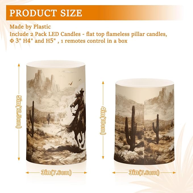 Western Desert Cowboy Flameless Candles with Remote Control and Timer, Adjustable Brightness Long Lasting Battery Operated LED Pillar Candles for Indoor Outdoor Party Home Decor, 2 Pack