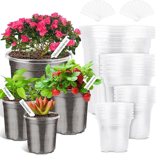 PACETAP 40Pack 6.5/5/4/3.5 Inch Reinforced Clear Nursery Pots with Drainage Holes, Variety Pack Thickened Plastic Plant Pots with 20 Plant Labels for Indoor Outdoor Flower Seed Starter