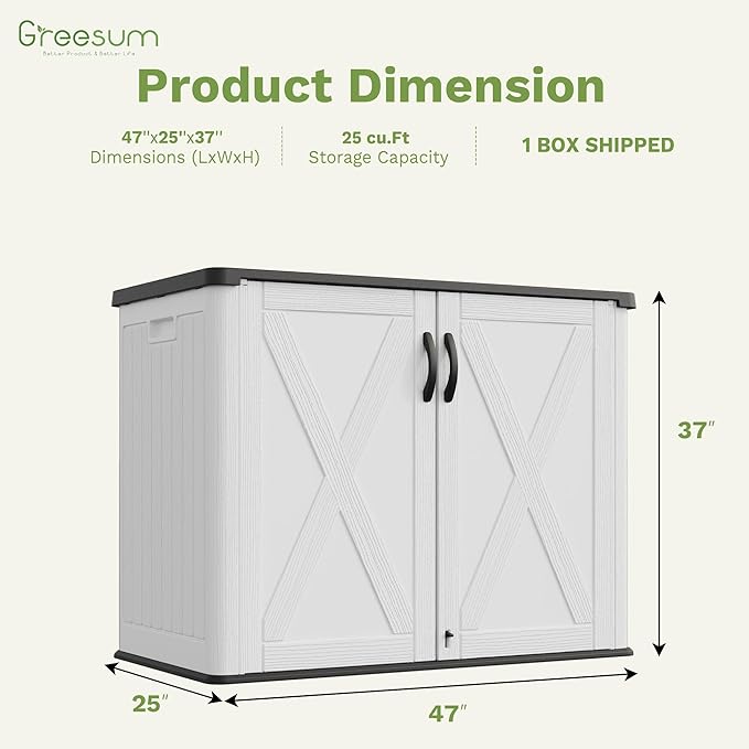 Greesum Outdoor Storage Cabinet, 25 Cu.Ft Deck Box Without Shelves, Waterproof Plastic Storage Bin for Patio Cushions, Gardening Tools, Lockable and Sidehandles, UV Resistant, White