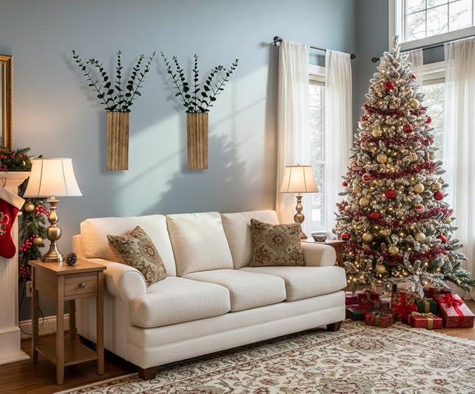 2 Pieces Wooden Wall Hanging Plant Pots Vase Contains Artificial Green Plants for Indoor Fake Plants Greenery Flowers, Modern Planters for Bathroom, Living Room, Kitchen Decor, (Wood Color)