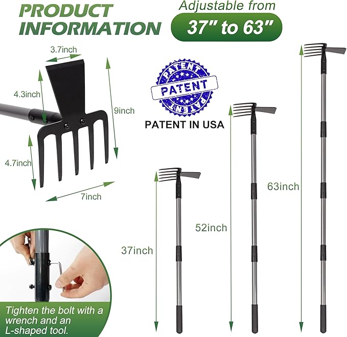 Walensee 2 in 1 Hoe Garden Tool, 63 Inch Garden Hoe Cultivator and 5-Tines Rake with 37-63 Inch Adjustable Long Handle, Weeding Tools Hand Tiller for Yard Lawn Flower Beds Planting Gardening Digging