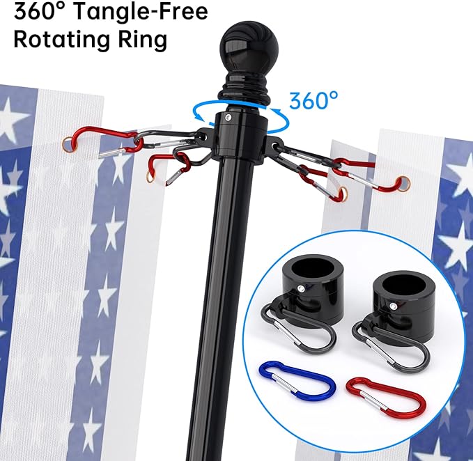 ZMTECH 2 Pack 5FT Flag Pole Kit with Solar Light and Proud American Flag, Adjustable Bracket and Upgraded Tangle-Free Ring 1" Stainless Steel Flagpole for Day and Night, Residential, Commercial, Black