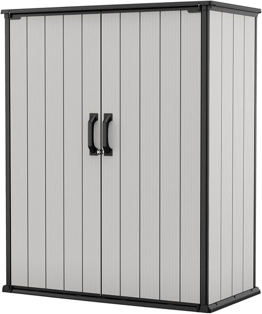Keter Premier Tall 4.6 x 5.6 ft. Resin Outdoor Storage Shed with Shelving Brackets for Patio Furniture, Pool Accessories, and Bikes, Grey & Black