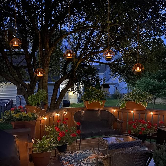 Solar Hanging Lanterns Outdoor Waterproof, Rust Iron Ball Candle Holder with Flickering Solar Powered Tea Lights, Perfect Chargeable Solar Lights for Backyard Patio Garden Fence Tree Decoration-4Pack
