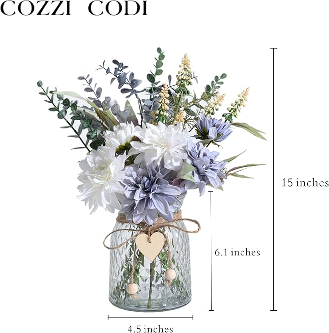 Fake Flowers Artificial Blue Flowers with Vase, Table Centerpieces for Dining Room, Silk Flower Arrangements for Home, Living Room Bathroom Plant Decor, Centerpiece Table Decorations