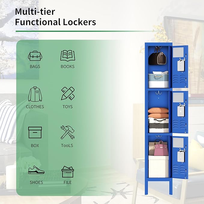 Metal Lockers for Employees, Storage Employee Locker, Storage Lockers with Shelves Steel Cabinet for Home (Blue, 3 Door)