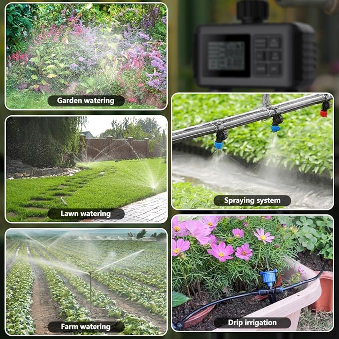 Uzoli SGW07 Sprinkler Timer, Water Timer for Garden Hose, Programmable Hose Timer 2 Outlet with Rain Delay, Manual, Auto System Controller, IP55 Waterproof Drip Irrigation Timer for Yard, Lawn, Pool