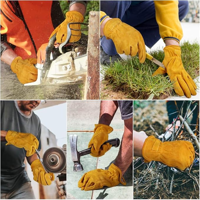 OZERO Leather Work Gloves Flex Grip Tough Cowhide Gardening Glove for Men and Women (Medium, Gold With Mesh Linning)