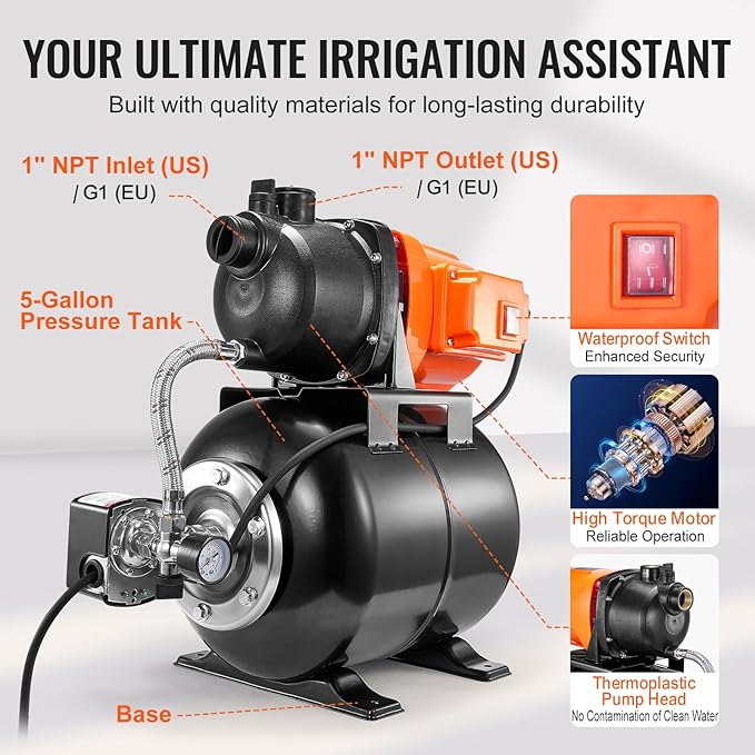 VEVOR 1 HP Shallow Well Pump with Pressure Tank, 1000 GPH/3700 L/H, Automatic Irrigation Water Booster Pump with 164 ft Lift 20/40 PSI Pressure Switch, Thermoplastic Pump Head for Home Garden Lawn