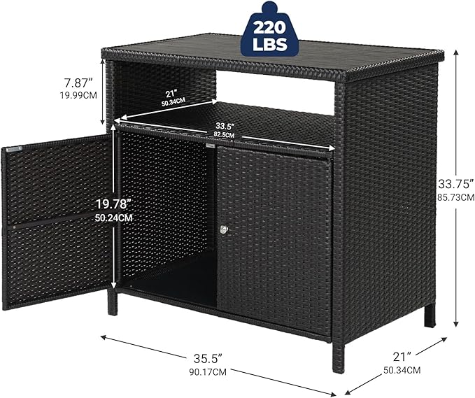 Grand patio Wicker Storage Cabinet Outdoor Waterproof Buffet Cabinet Patio Bar Table with Two Doors and Shelves Wicker Sideboard for Garden Kitchen Pool Dark Brown