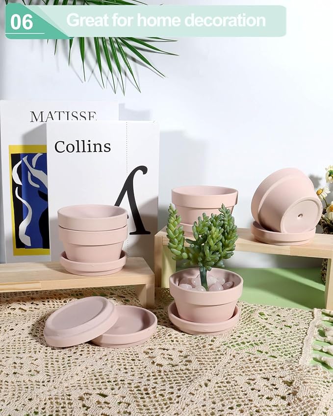 vensovo 3.7 Inch Pink Terracotta Shallow Succulent Pots - 6 Pack Terra Cotta Clay Pot with Saucer, Cacuts Indoor and Outdoor Planters with Drainage Hole