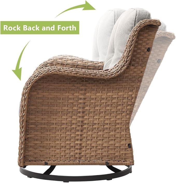 HUMMUH Outdoor Swivel Rocker PE Wicker Patio Chairs Set of 2, Rattan Rocking Chair Furniture Set (Yellow,Beige)