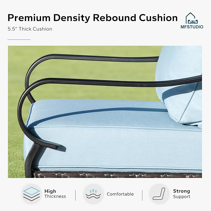 MFSTUDIO 5 PCS Outdoor Patio Furniture Set, Metal Outdoor Conversation Set, Rattan Wicker Patio Sectional Sofa Set with 2 x Swivel Single Sofa, 2-Seat and 3-Seat Sofa, 1 x Coffee Table, Blue