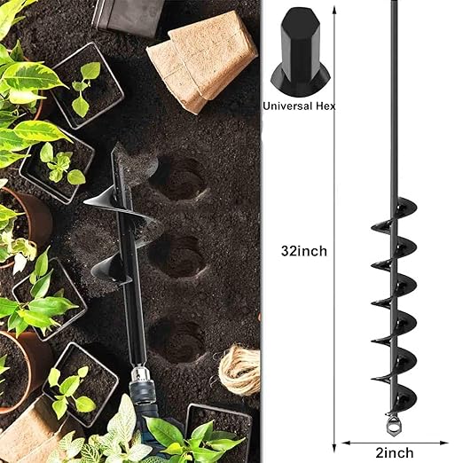 Auger Drill Bits for Planting 3x16.5in and 2x32in Solid Shaft Plant Flower Bulb Auger Spiral Hole Drill Rapid Planter Earth Post Umbrella Hole Digger for 3/8" Hex Drive Drill (2, 3"x16.5"+2" x32in)