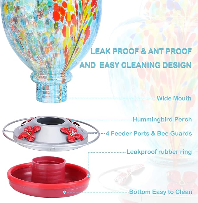 Yinns Glass Hummingbird Feeder for Outdoor Hanging Ant and Bee Proof, Hand Blown Glass Feeder with Ant Moat, Backyard Decoration, Garden Gifts for Women