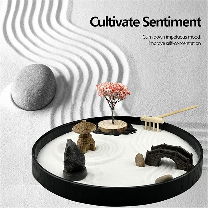 Zen Garden for Desk Japanese Zen Garden Kit 8 Inch Large Round with 6 Sand Rake and Accessories Tray Mini Desktop Zen Decor for Home Office Gift Therapy Relaxation Meditation