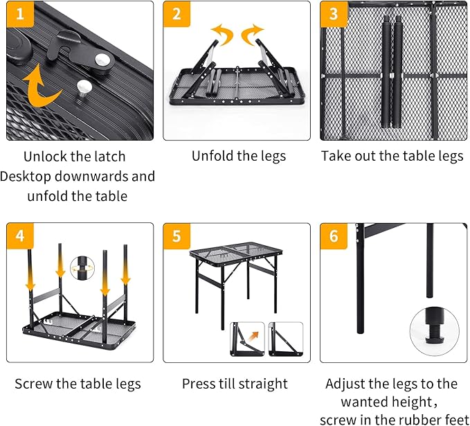 Small Folding Table 2FT Grill Table Foldable Camping Table Picnic Portable Mesh 2 Height Adjustable Outdoor Beach BBQ Black 23.6×15.7 inch