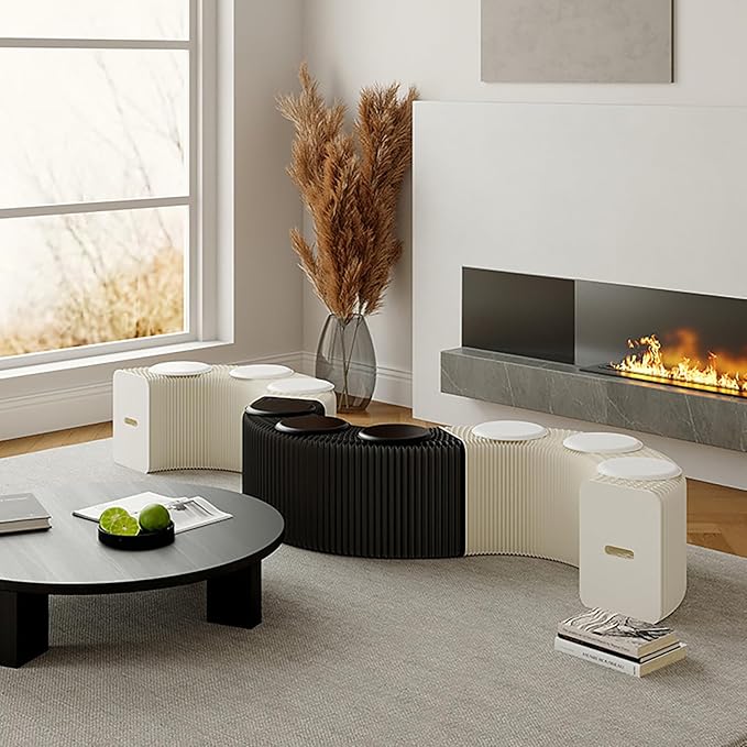 Foldable Kraft Paper Stool, Honeycomb Accordion Folding Bench, Collapsible Paper Stool for Small Spaces, Portable Footrest and Side Table for Living Room and Office,White Black-44×31×600cm