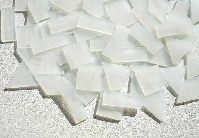 Large Textrued Transparent Glass Mosaic Tiles, 70pcs Stained Glass Pieces Bulk for Mosaic Art, 200g Pre-Cut Mosaic Glass Tiles Kit for Handmade Mosaic Crafts, Clear & White