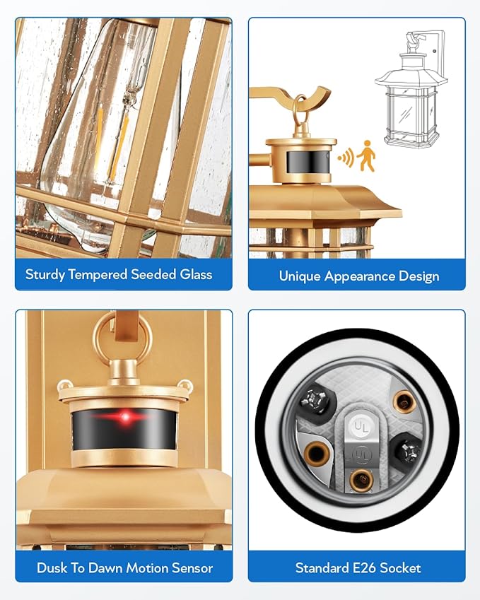 VIANIS Motion Sensor Porch Light, Gold Outdoor Light Fixture Dusk to Dawn, Outdoor Motion Sensor Light Wall Mount, Waterproof, Weather Resistant Carriage Lantern for House, Garage, Front Door