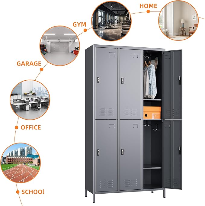 6 Doors Metal Lockers for Employees with Combination Locks and 6 Shelves, Storage Locker with 18 Hooks and Business Card Holder for Office Gym School Bedroom, Assembly Required, Dark Gray