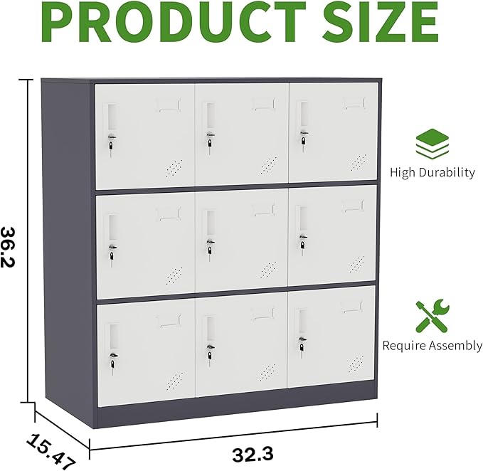 9 Doors Metal Lockers for Employees, Steel Storage Locker with Lock and Card Slot,Lockable Office Metal Storage for School Office Gym Bedroom,Garage(Gray)