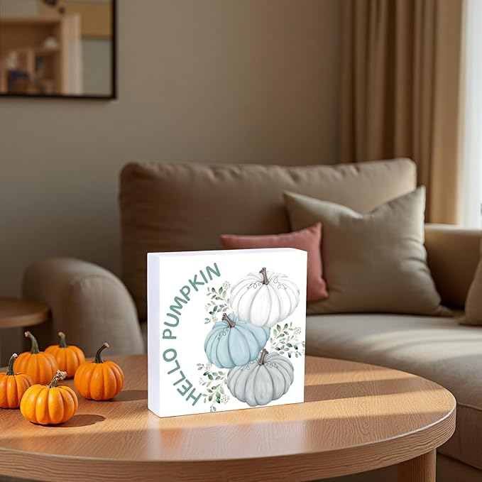 Fall Decorations for Home Fall Decor Home Room Hello Pumpkin Table Wood Box Sign Rustic Wooden Shelf Desk Office Decor Season Sign House Warming Gifts 5.9 x 5.9 Inch