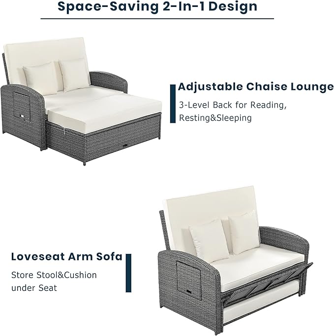 43.7” Patio Rattan Daybed Set, PE Wicker Rattan Double Chaise Lounge, 3-Level Adjustable Back and Cushions, Free Furniture Protection Cover, White