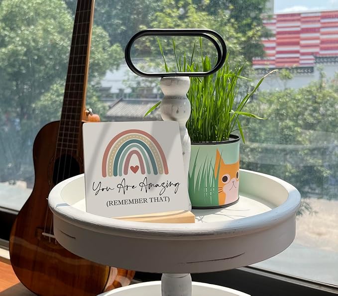 Primitive Wooden Sign, You are Amazing Remember That, Desk Plaque with Wooden Stand 4 x 4.3 inches, Rustic Home Decor, Farmhouse Sign, Inspirational Quotes Gifts for Friend Family, Cheer Up Gift