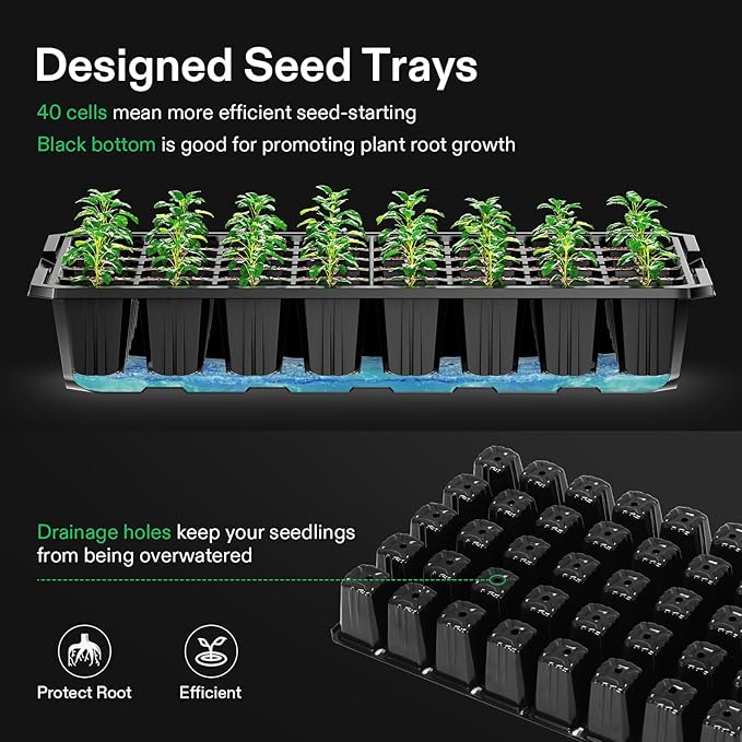 VIVOSUN 1-Pack 40-Cell Seed Starter Trays with 1 Set of LED Lights and 10"x20.75" Seedling Heat Mat, 3.6" Higher Cover, Adjustable Vents, Drainage Holes, Green Propagation Tray for Planting Seeds