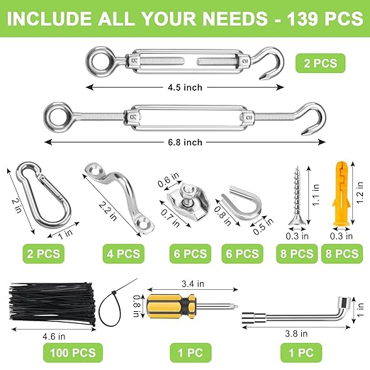 120Ft 1/16" Stainless Steel Wire Rope Kit, Vinyl Coated Cable, Turnbuckles for Tension Clothesline Outdoors, Hooks for String Light Hanging, Shade Sail Hardware