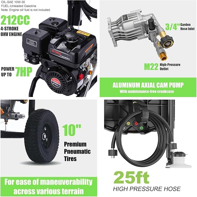 4200PSI Pressure Washer 4.0GPM Gas Power Washer 212CC Gas Powered Washing Machine Commercial High Pressure Washer with 25ft Hose&5 Nozzles for Patio Garden Yard Vehicle,EPA/CARB/ETL (SN98-4200PSI)