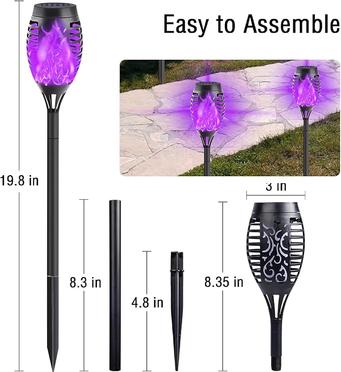 12-Pack Solar Lights Outdoor Waterproof,Halloween Decorations Solar Tiki Torches with Flickering Flame (Upgraded Super Bright),Halloween Solar Lights for Outside Patio Yard Porch Garden Decor （Purple）