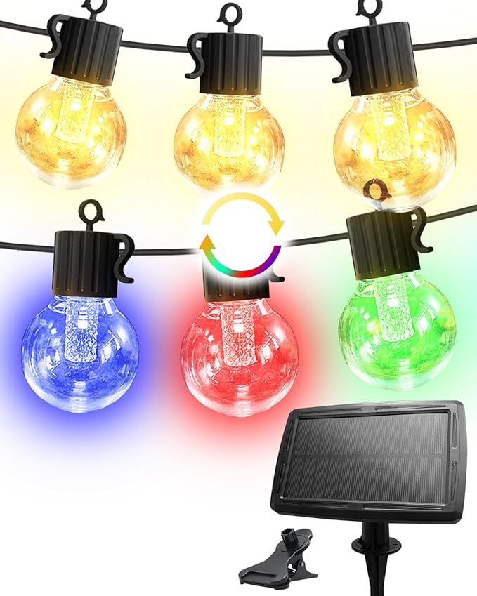 50FT Solar String Lights for Outside – Multicolor & Warm White G40 LED Bulbs, 8 Modes, Shatterproof Waterproof Solar Powered Outdoor String Lights with USB Charging, Patio Lights for Gazebo, Camping