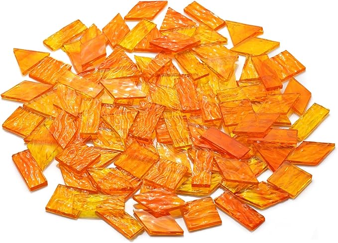 Large Textured Transparent Glass Mosaic Tiles, 200G Vibrant 4 Shapes Stained Pieces for DIY Crafts Bulk, 70pcs for Art Decor, Pumpkin