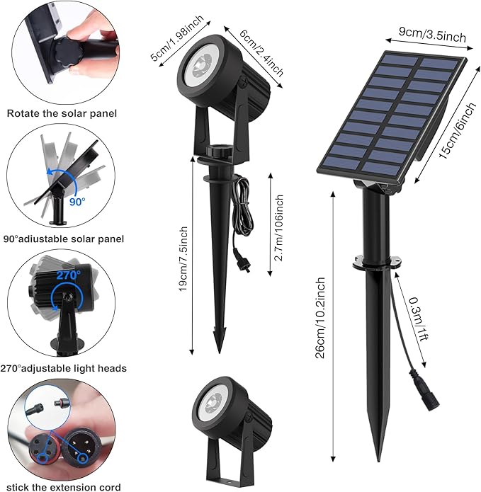 T-SUNUS Halloween Solar Landscape Spotlights 2 Pack Warm White, IP65 Waterproof Spot Lights 9.8ft Cable, Outdoor 3000K Garden Light Separated Panel for Christmas Tree Flag Yard Driveway Walkway Pool