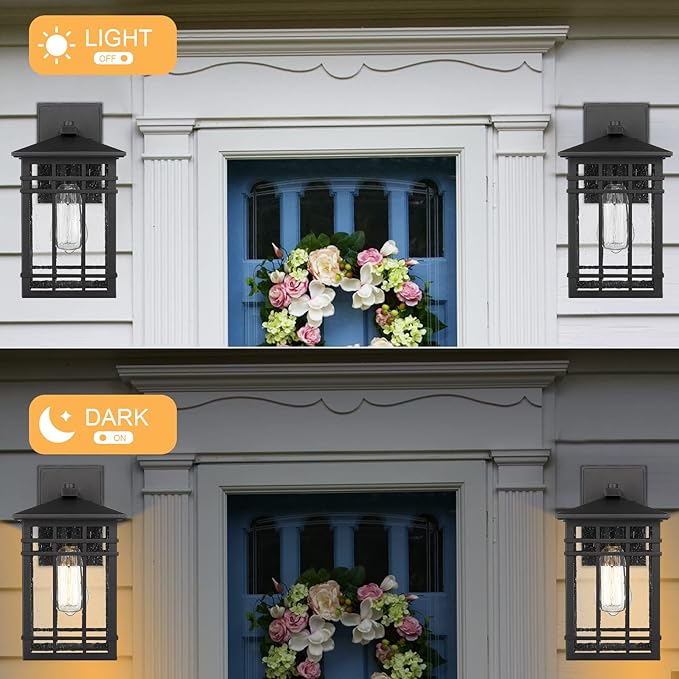 Outdoor Wall Lantern, Exterior Light Fixture Mount, 1-Light Waterproof Lighting With Seeded Glass for Porch, Garage, Patio, Hallway, Entryway, Black