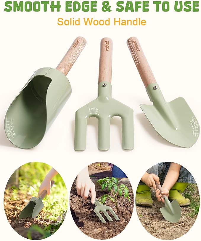 ROBUD Kid Gardening Set, Wooden Garden Tool for Kid, Garden Tool Kit with Tool Storage Bag, Apron, Gloves, Montessori Toys for Kids to be Closed to Nature, WRP25