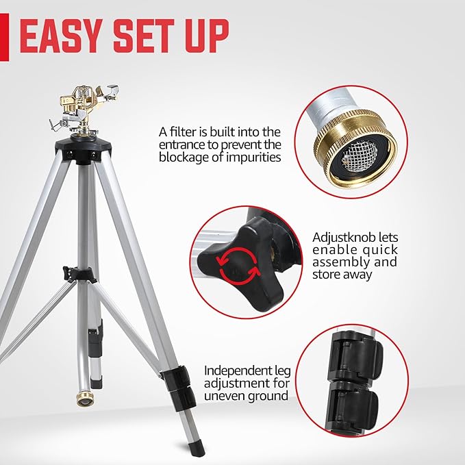 YAMATIC Impact Sprinkler on Tripod Base, 360 Degree Large Area, Heavy Duty Adjustable Pulsator Sprinkler for Lawn Yard and Grass, Spray up to 20-90ft (36inch) Brass Head, 2Pcs