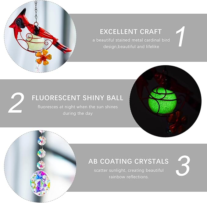 13inch Stained Metal Cardinal Birds Sun Catcher Decorative Window Hanging Ornament Crystals Prism Suncathers Red Bird for Home Garden Decor