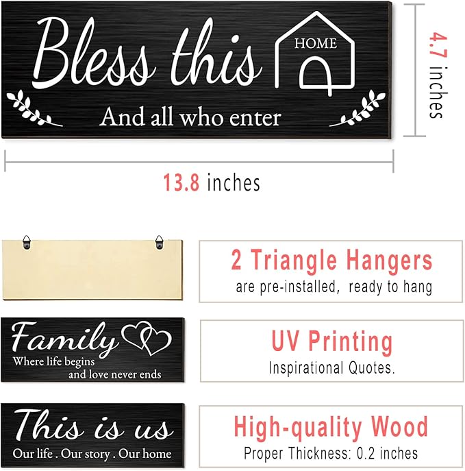 Joyhawk 4 Pieces Home Wall Decor Signs, THIS IS US/TOGETHER/BLESS THIS HOME/FAMILY Wall Decor For Living Room Bedroom, Rustic Wooden Farmhouse Wall Art Decor, 4.7 x 13.8 Inch(Black)