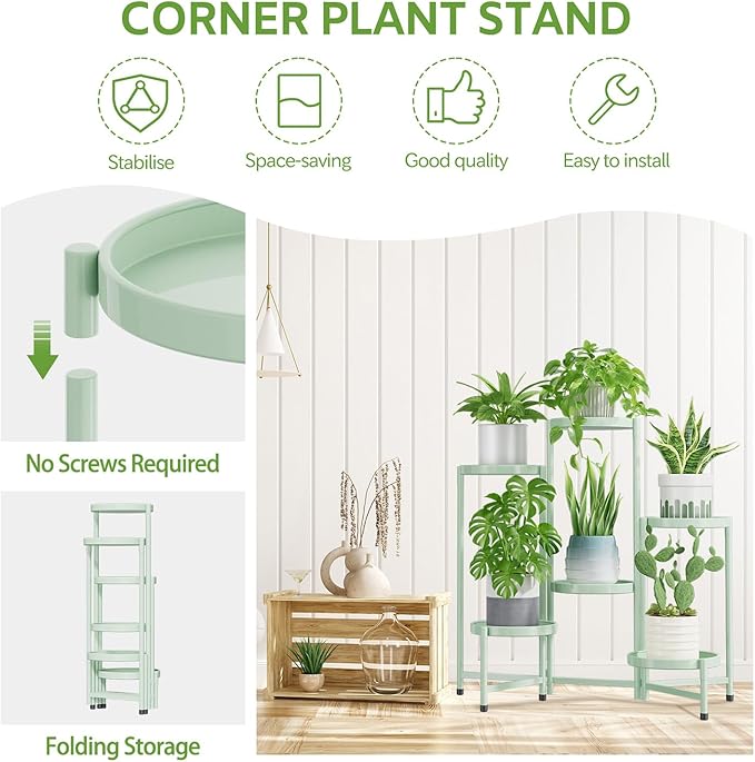 iDavosic.ly 6 Tier Large Plant Stand Indoor, 10 Inch Wide Tall Corner Metal Plant Stands Outdoor for Multiple Plants, Folding Tiered Flower Display Holder Rack Shelf, Light Green